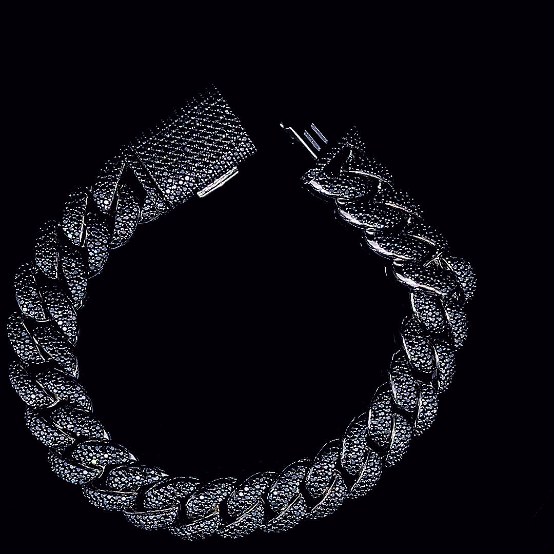 Sterling Silver Moissanite Black Cuban Bracelet 12mm
