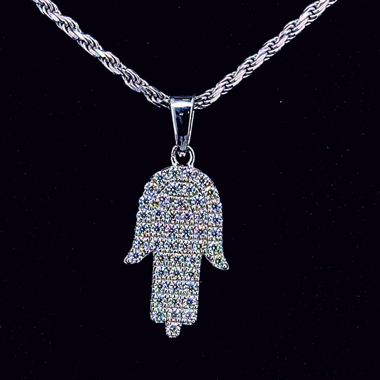 Sterling Silver Moissanite Hamza Hand Pendant